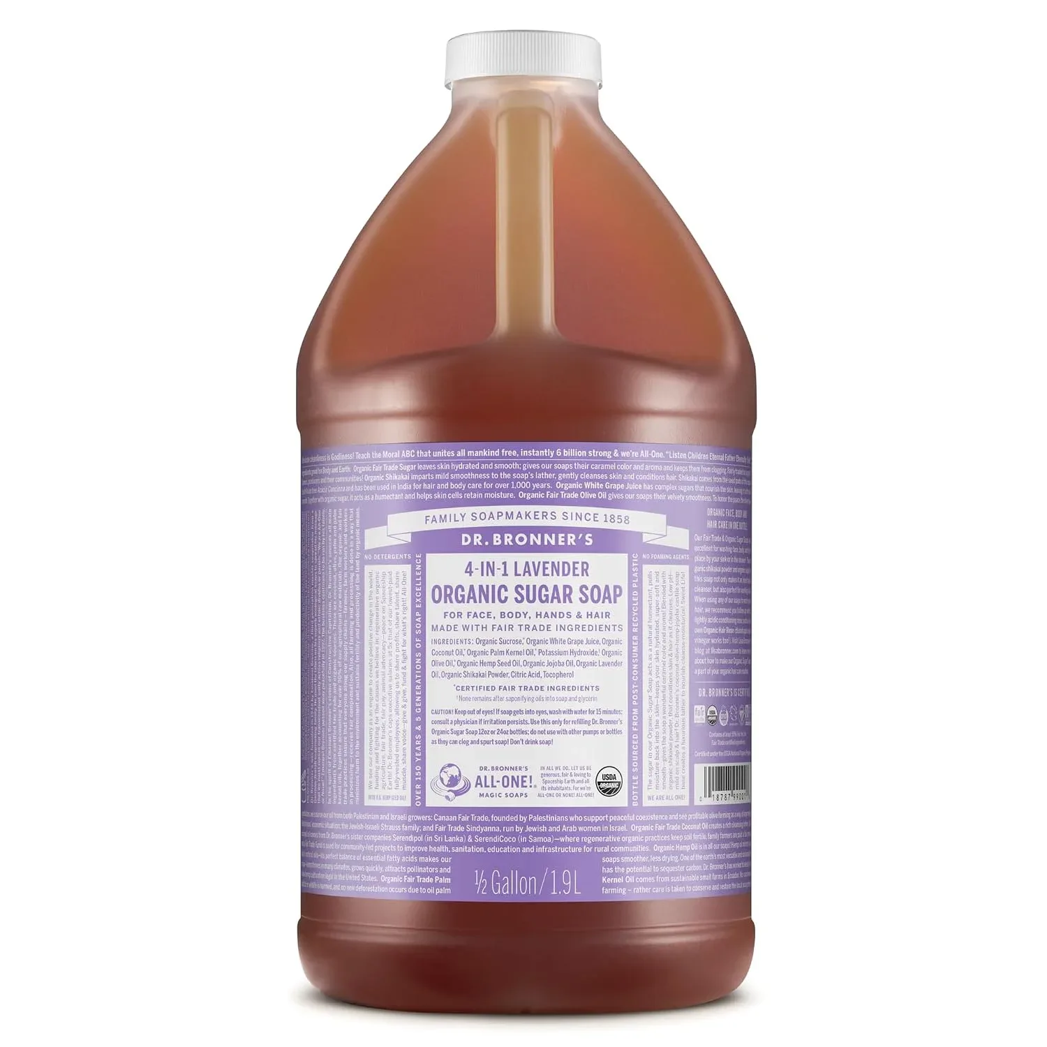 Dr. Bronner's Organic Sugar Soap (Lavender, 64 Ounce)- Made with Organic Oils, Sugar & Shikakai Powder, 4-in-1 Uses: Hand and Body Wash, Face, Hair- Cleanses, Moisturizes, Nourishes, Vegan