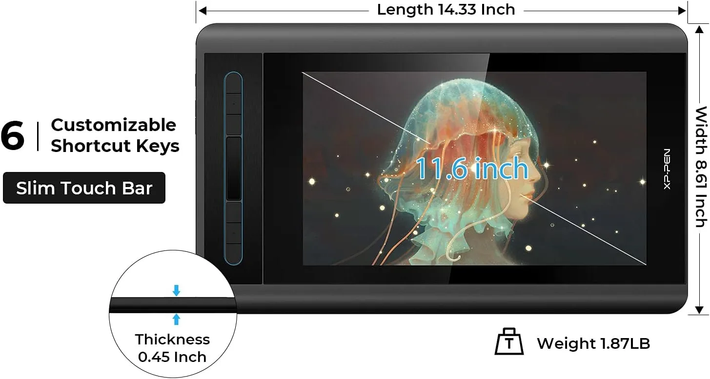 XP-PEN Artist12 11.6 Inch FHD Drawing Monitor Pen Display Graphic Monitor with PN06 Battery-Free Multi-Function Pen Holder and Glove 8192 Pressure Sensitivity