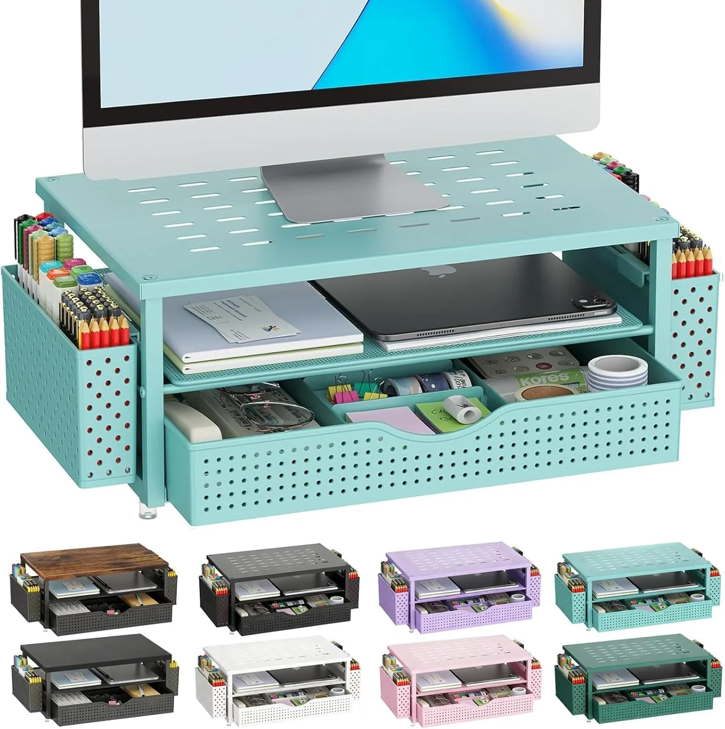 Base para monitor Gianotter con cajón y porta lápices Azul