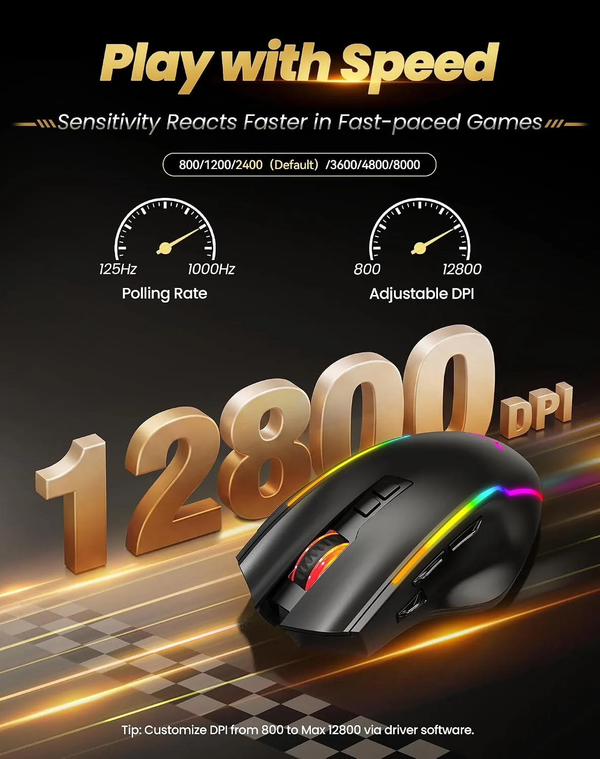 TECKNET Wireless Gaming Mouse,2.4GHz/USB-C, 1000Hz,7 Custom Buttons 13 RGB