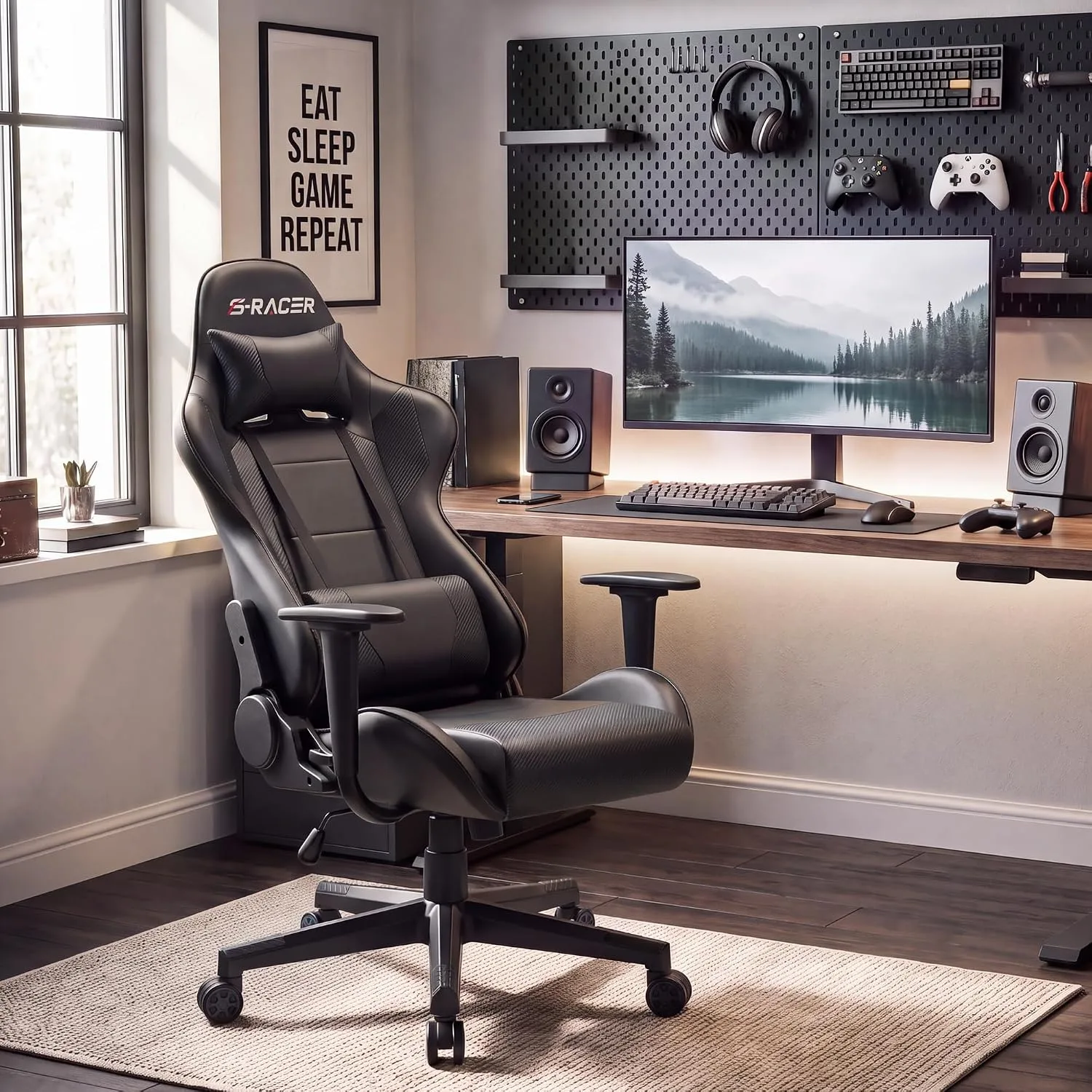Homall Gaming Chair, Office Chair High Back Computer Chair Leather Desk Chair Racing Executive Ergonomic Adjustable Swivel Task Chair with Headrest and Lumbar Support (Dark Black)
