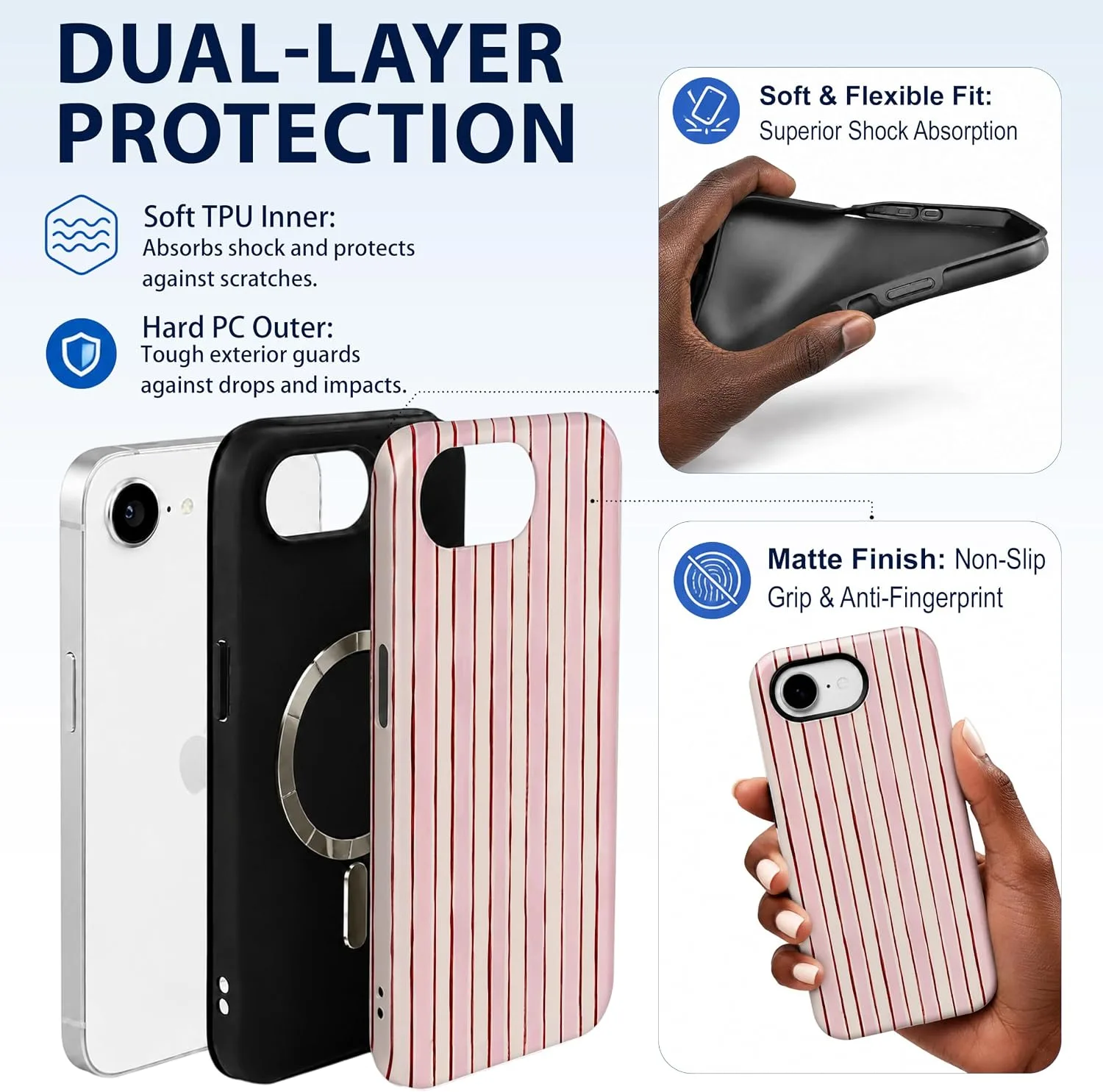 Magnetic for iPhone 16e/17e Phone Case, Pink and White Striped
