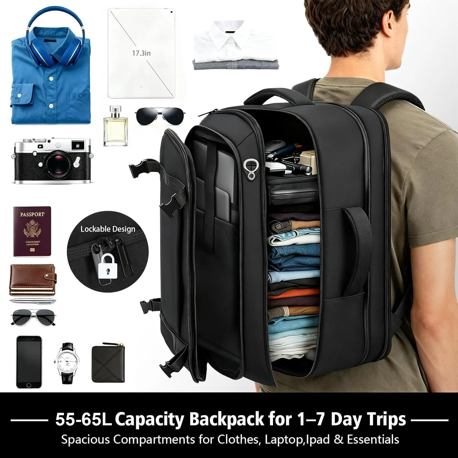 HULVION Carry On Backpack Expandable 55–65L Travel Laptop Bag Water Resistant