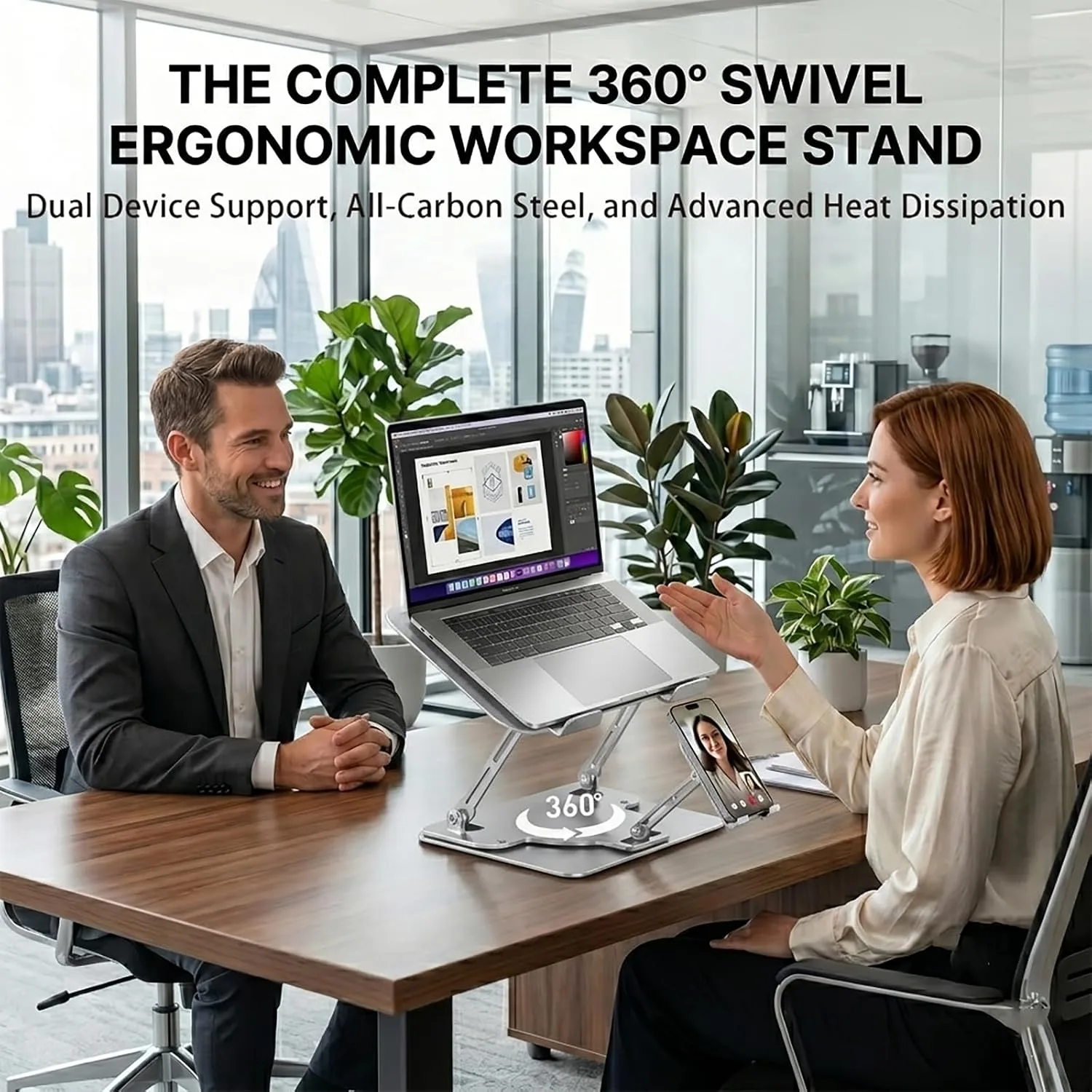 Adjustable 360°Rotating Laptop Stand, 2-in-1 Ergonomic Carbon Steel Laptop Riser with Detachable Phone Holder, Hollow Cooling Notebook Stand Fits 12.9-18 Inch Laptops (Silver)