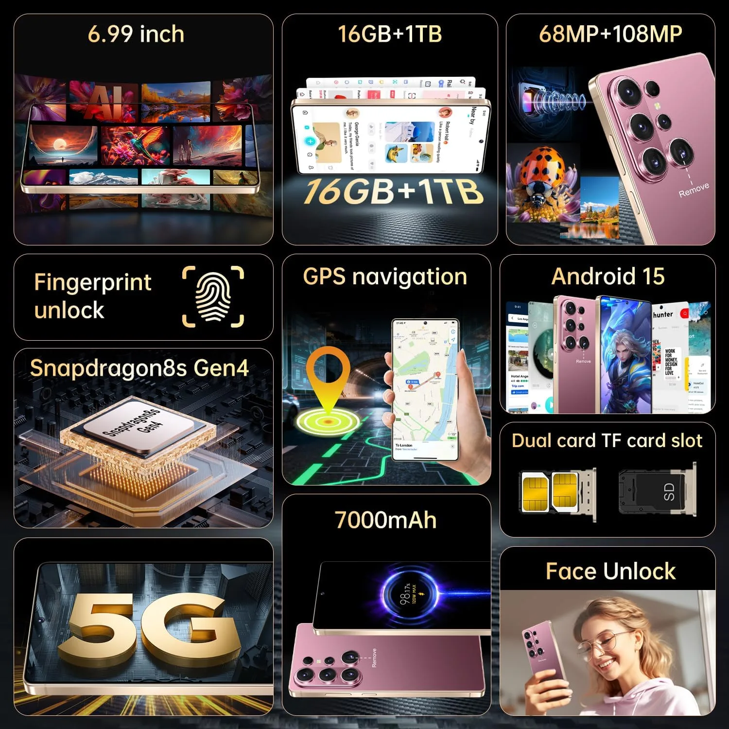 Huness 26Ultra Unlocked Cell Phone,Built in Pen,16+1TB Unlocked Phone, Android 15 Battery 7000mAh 6.99" HD Screen Smartphone, 5G/Face ID/Fingerprint Lock/Dual SIM/GPS (Rose Gold)