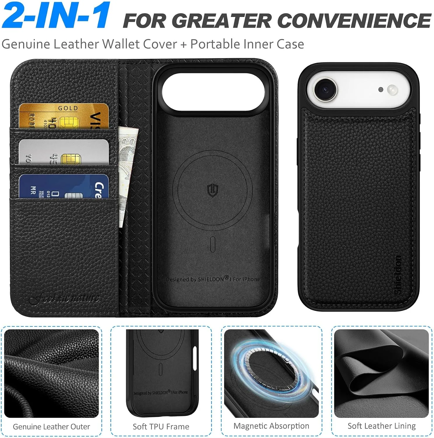 SHIELDON 2 in 1 Real Leather Case Wallet for iPhone Air 6.5", Pebbled Black