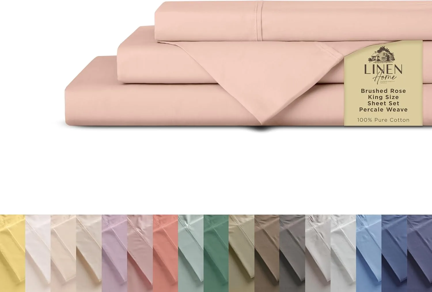 Linen Home 100% Cotton Percale King Sheets, 4Pc Cooling Set - Brushed Rose