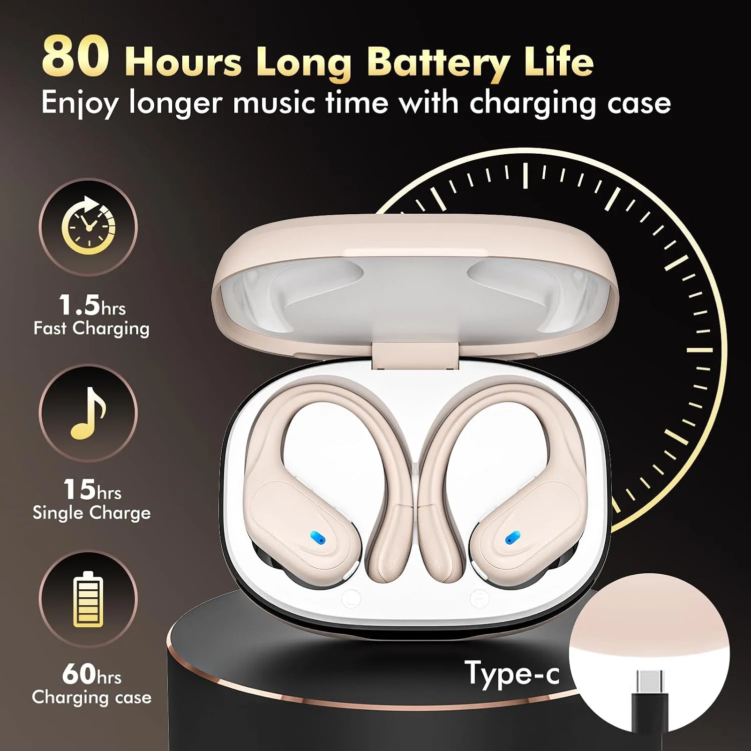 HAOYUYAN Wireless Earbuds, Sports Bluetooth Headphones, 80Hrs Playtime Ear Buds with LED Power Display, Noise Canceling Headset, IPX7 Waterproof Earphones for Workout/Running (Camel)