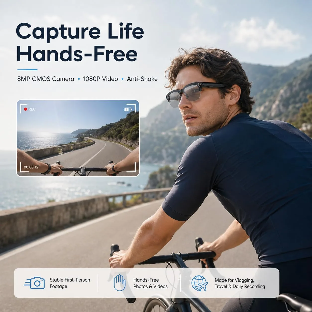 AI Smart Glasses with camera, 8MP HD Camera Glasses,Bluetooth Music & Calls
