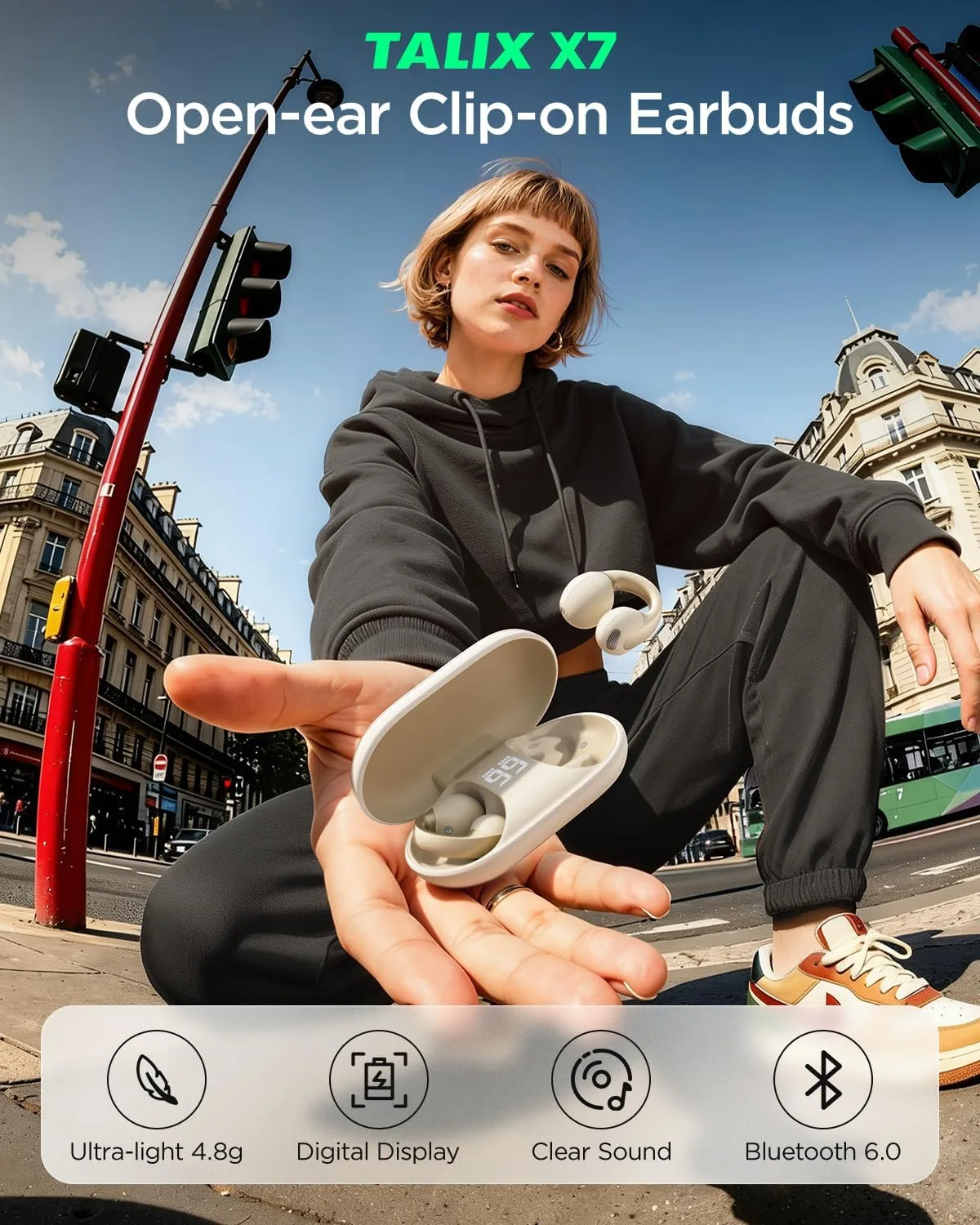 Open Ear Earbuds, Clip-On Design, Wireless Bluetooth 6.0 X7, White