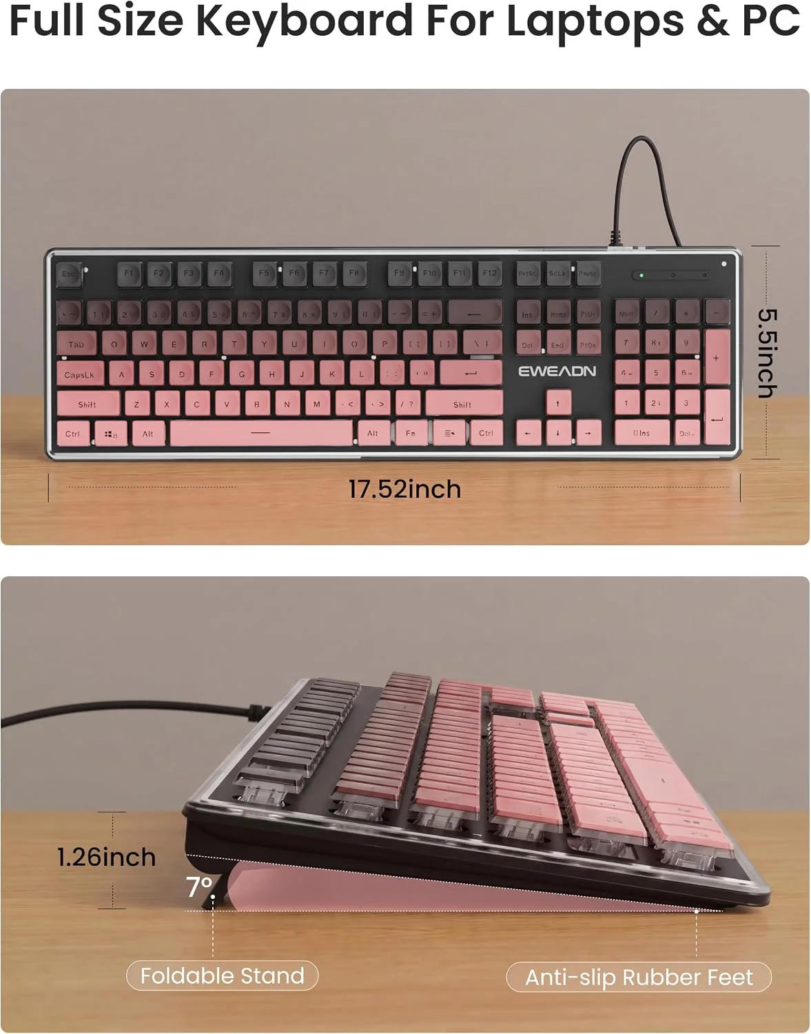 Wired Keyboard with RGB Backlit, Never Fade, Soft Click Typing, Black&Pink