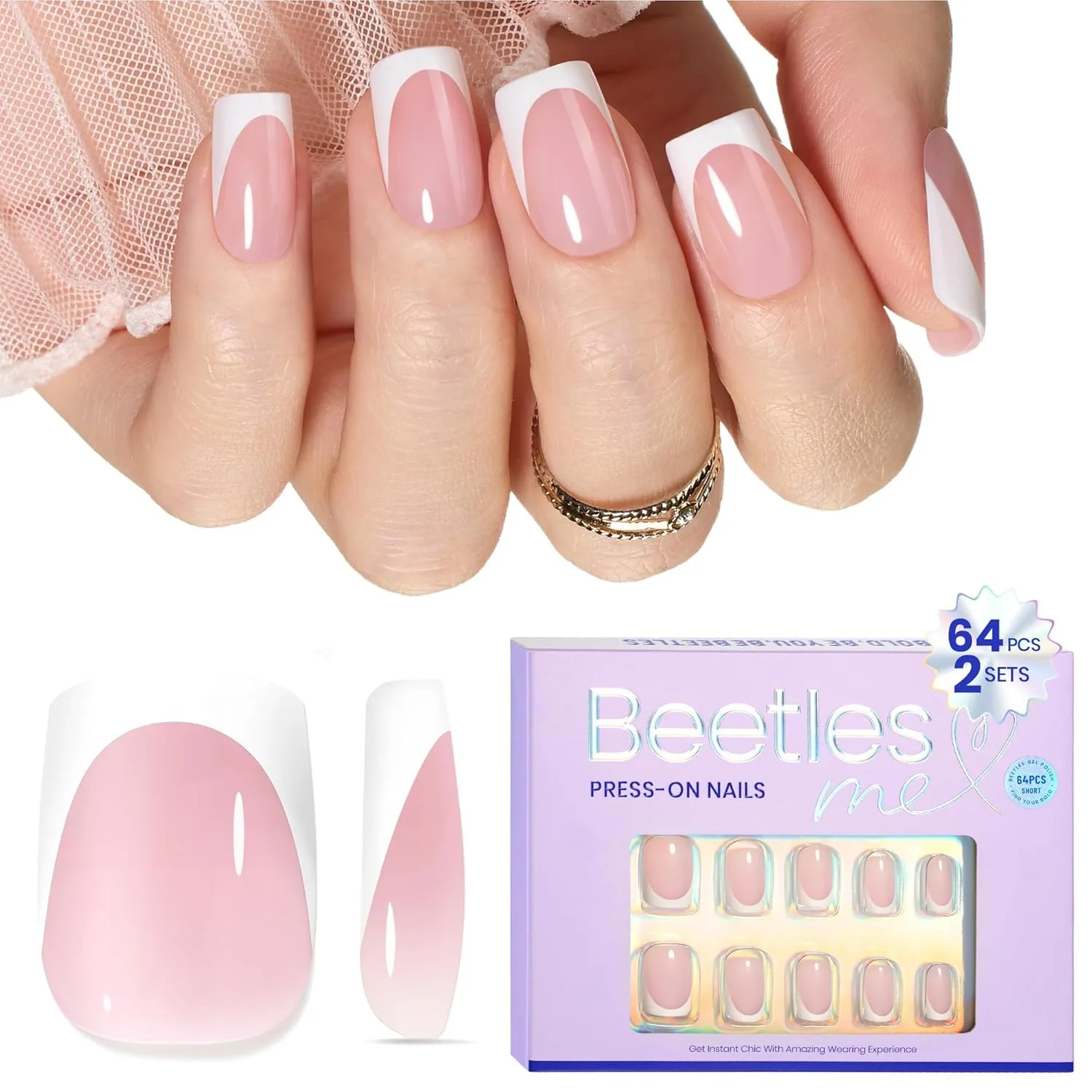 Beetles Short Squoval French Tip Press On Nails, Pink 64 Pcs 16 Sizes