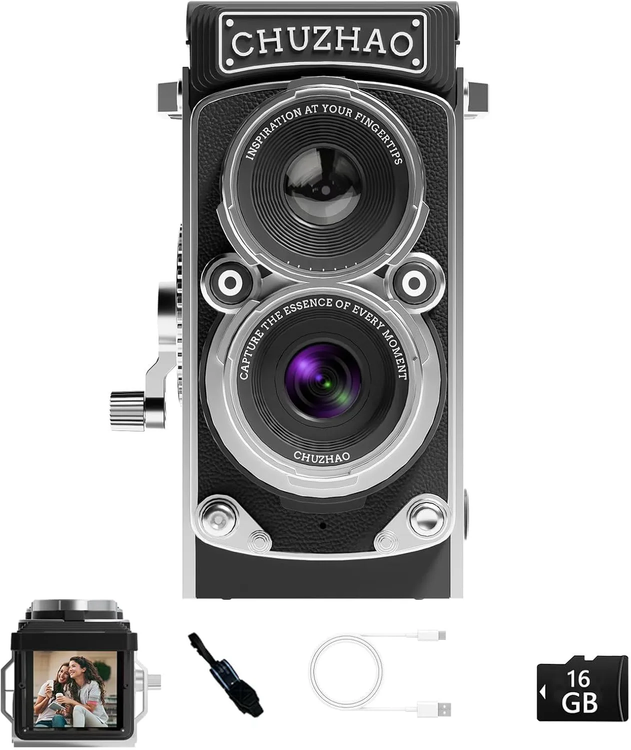 CHUZHAO Vintage Mini Digital Camera, Portable TLR Style Retro Point and Shoot Compact Small Pocket 1080P FHD Video 12MP Autofocus Vlogging Camera with 16 GB Card for Beginners Teens Adults Black