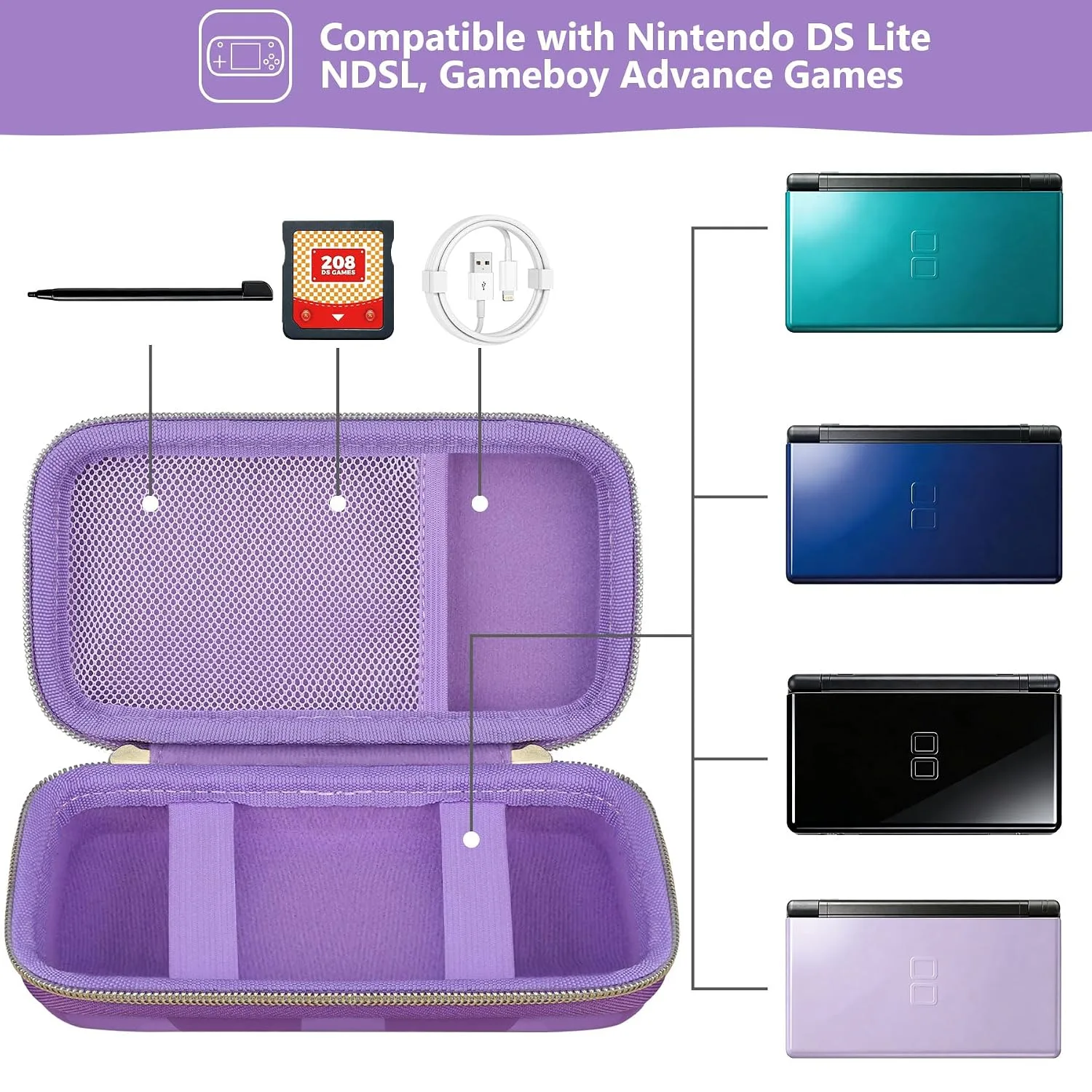 Supmay Hard Carrying Case Compatible with Nintendo DS Lite NDSL, Gameboy Advance Games Storage Holder Travel Bag with Mesh Pocket for USB Charging Cable, Stylus, Earphones, Game Cartridge, Purple