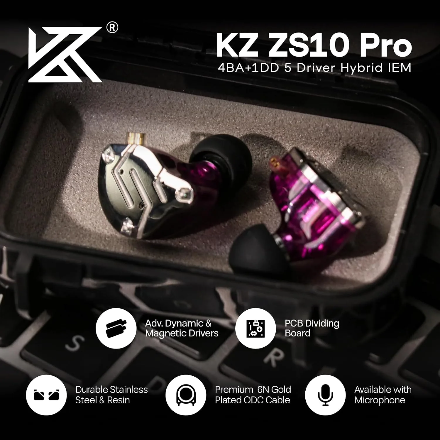 Linsoul KZ ZS10 Pro, 4BA+1DD 5 Driver in Ear Monitor, HiFi Wired Earbuds, Gaming Earbuds, Hybrid IEM Earphones with Stainless Steel Faceplate, Detachable Cable for Musician (Without Mic, Purple)