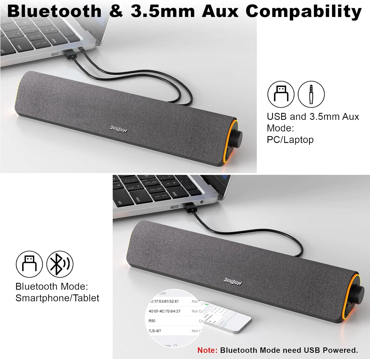 SOULION R50 Bluetooth Computer Speakers, USB Powered & 3.5 Aux