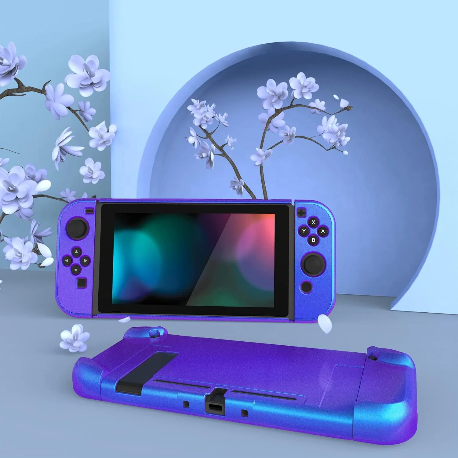 eXtremeRate PlayVital Glossy Back Cover for Nintendo Switch Console, Joycon Separable Protector Hard Shell, Dockable Protective Case for Nintendo Switch - Chameleon Purple Blue (NOT for Switch 2)
