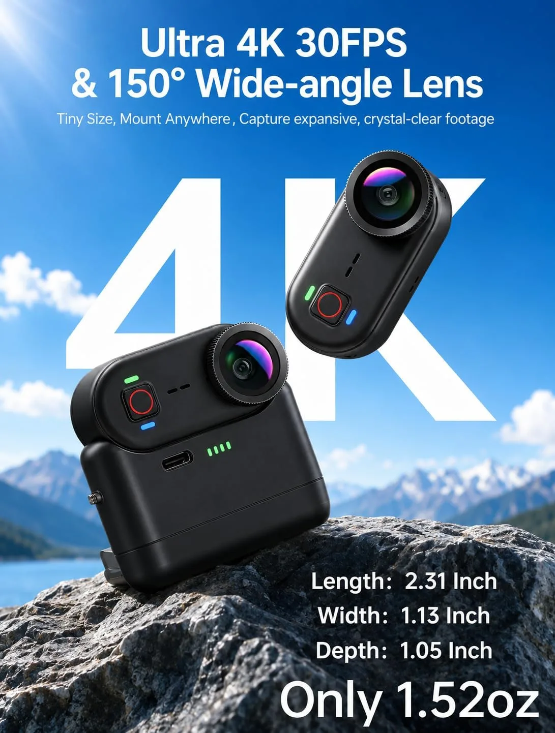 4K Waterproof Mini Action Camera, 64GB WiFi POV Video Wearable Body Camera