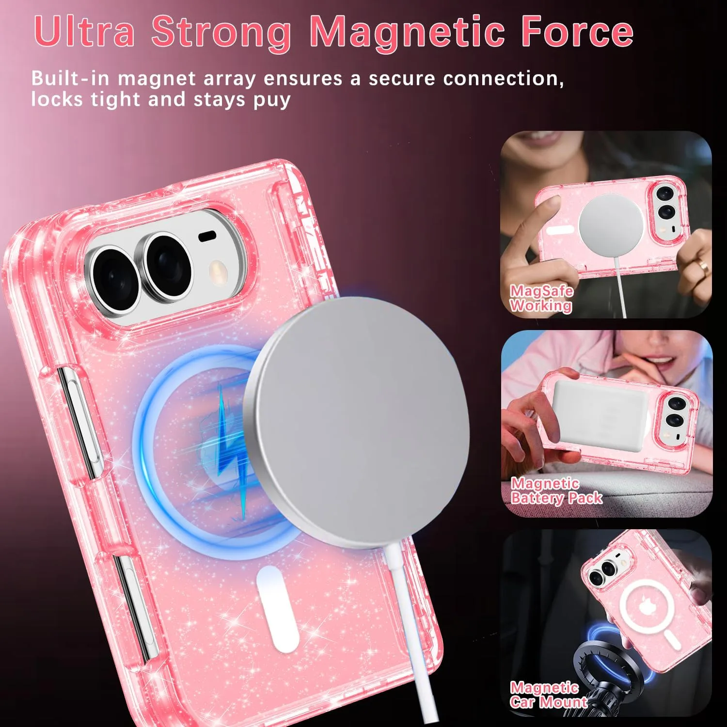 Casetego for iPhone Duo Case Magnetic,with Screen Protector,Pink