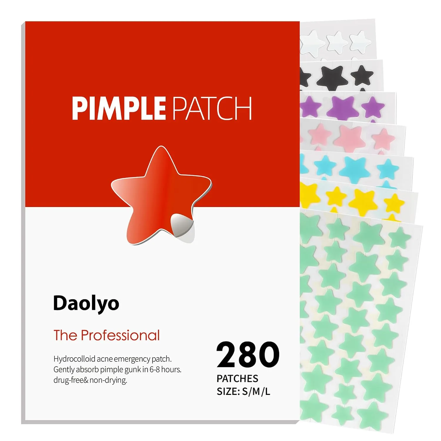 Parche para acné Daolyo Pimple Patches 280 unidades 3 tamaños hidrocoloide con ácido salicílico y aceites naturales