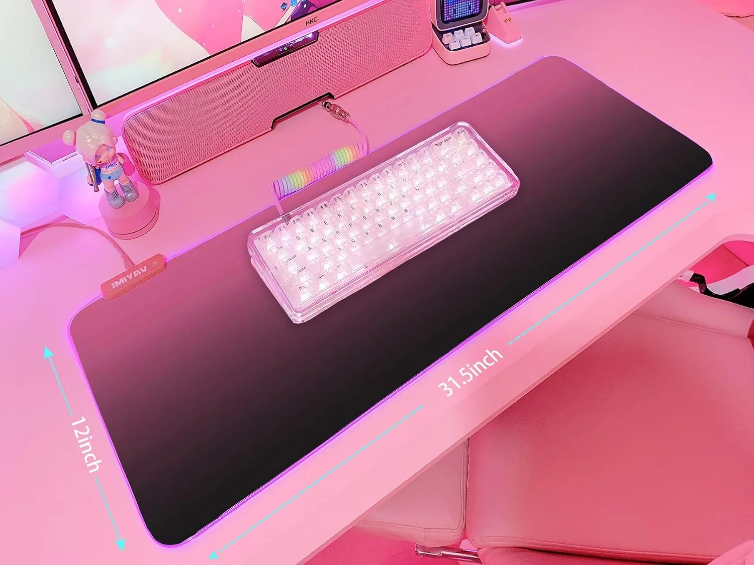 JMIYAV Pink Gaming Mouse Pad RGB Mousepad 31.5x12In Non-Slip Rubber Base Extra Large Cool XL XXL Computer Desk Pad Gaming Accessories Setup LED Light Up Big Mouse Pad for Gamer Black Pink Gradient