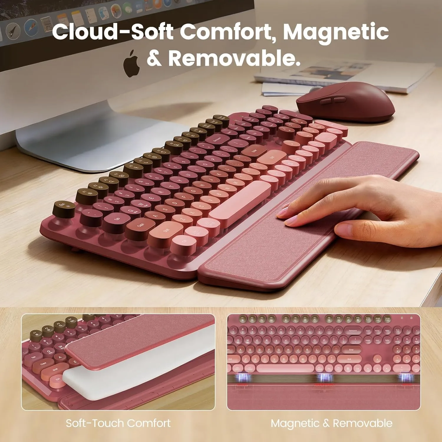 Wireless Keyboard and Mouse Combo, Magnetic Soft-Touch Wrist Rest, Pink