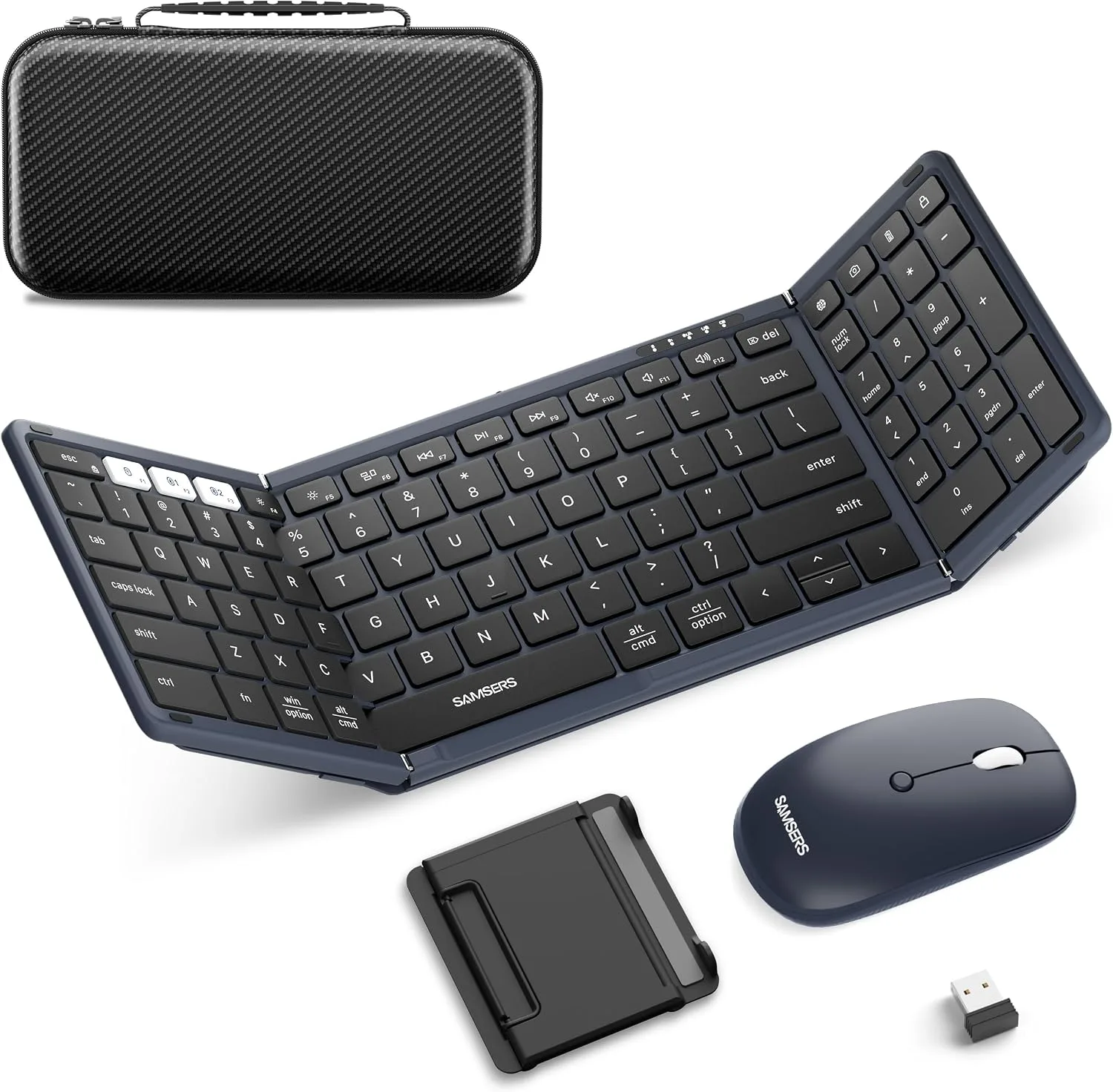 Foldable Keyboard and Mouse, Samsers Folding Bluetooth Keyboard Combo, 2.4G + BT5.0 x 2, Full-Size Portable Travel Keyboard & Rechargeable Wireless Mouse for Windows Android iOS Mac OS, Midnight
