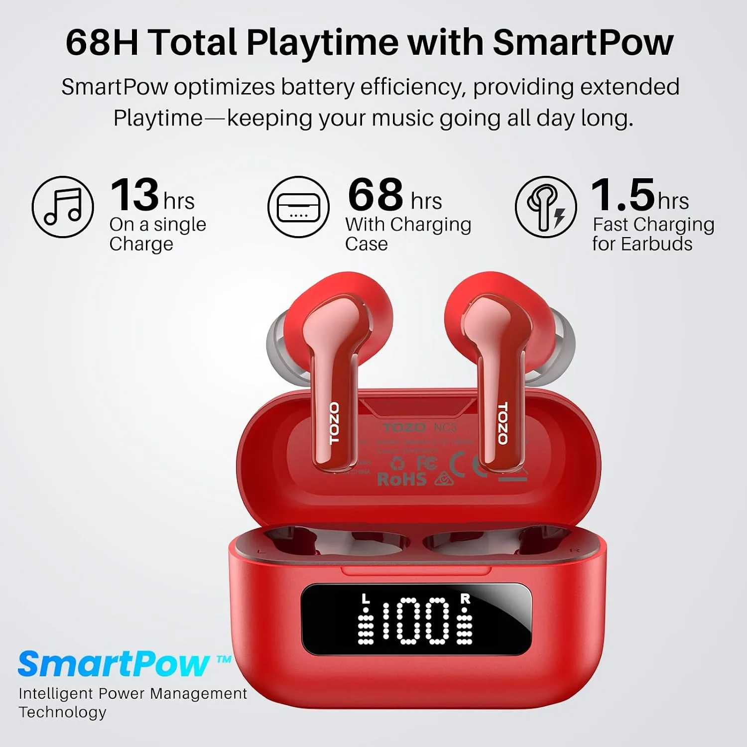 TOZO Hybrid Active Noise Cancelling in Ear Wireless Earbuds, 68H Playtime