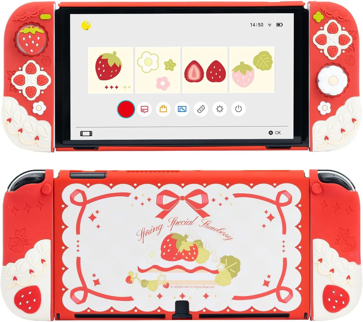 GeekShare Protective Case for Switch OLED Slim Cover Case Compatible with Switch OLED Separable Soft Silicone Protective Shell for Joystick with 2 Thumb Grip Caps - Strawberries with Cream