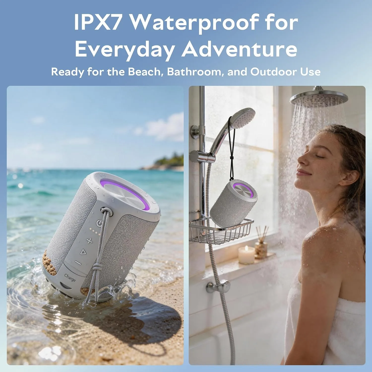 Portable Bluetooth Speaker, IPX7 Waterproof Wireless Speaker with 20W Loud Stereo Sound, 15H Playtime & Beat-Synced RGB Light, Small Outdoor Speaker for Shower, Pool, Beach,Hiking,Gifts(Gray)