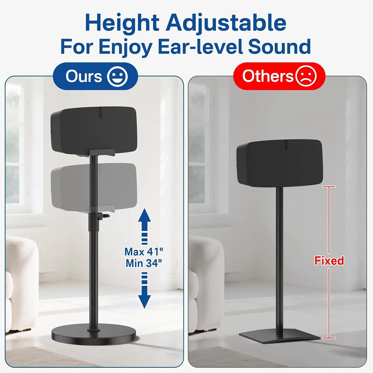 Height Adjustable Floor Speaker Stand for Sonos Five & Play:5, Vertical or Horizontal Placement, Metal Sonos 5 Speaker Stand with Cable Management (Black, 1 Pack)