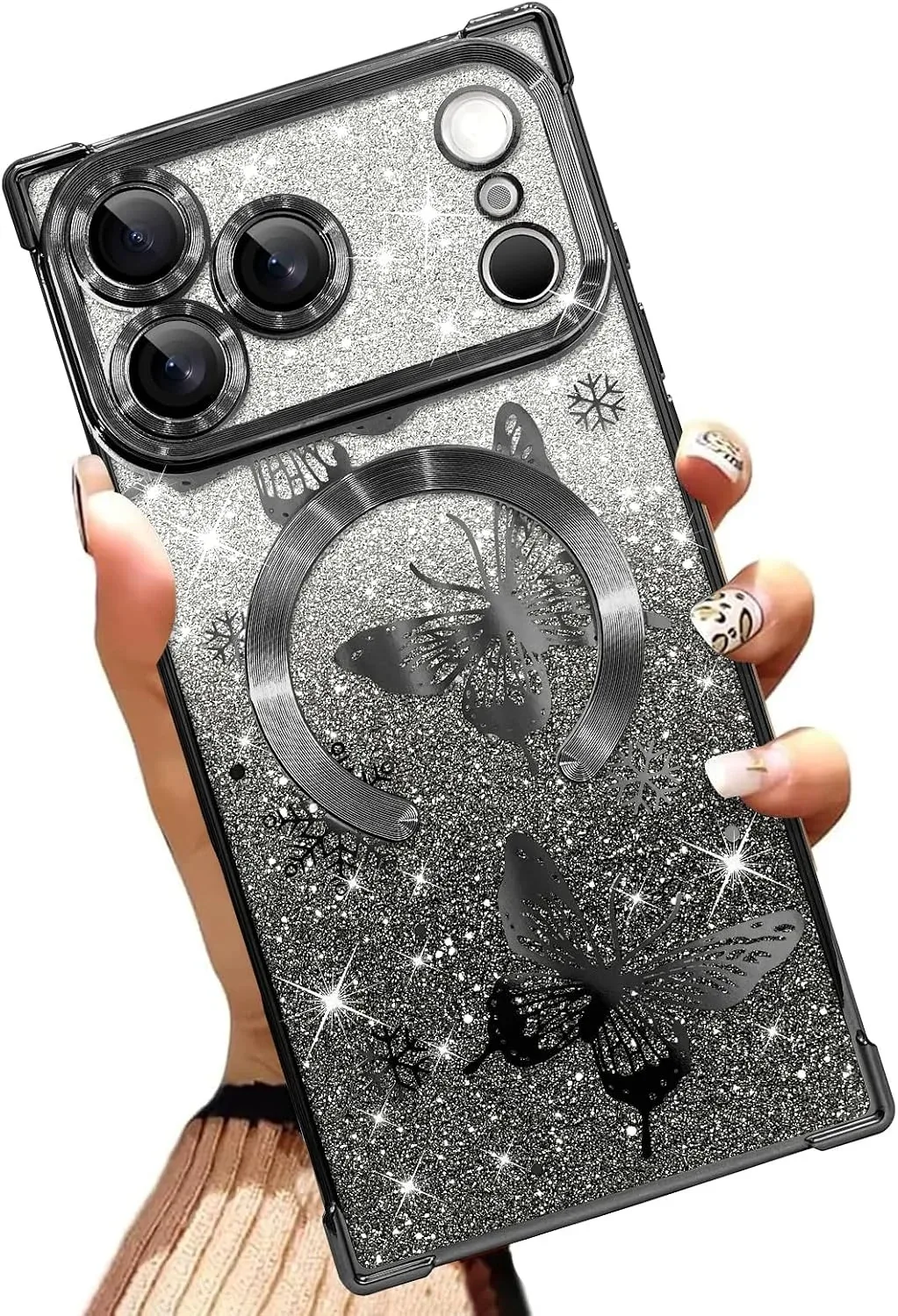 Illians Glitter Phone Case Made for iPhone 17 Pro Max, Black Butterfly