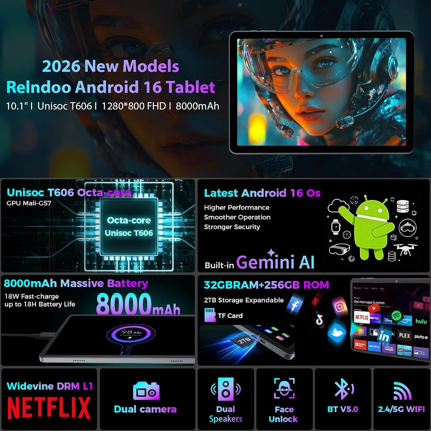 Android 16 Tablet 10 inch - Tablet with 32GB+256GB+2TB Expand, Gemini AI