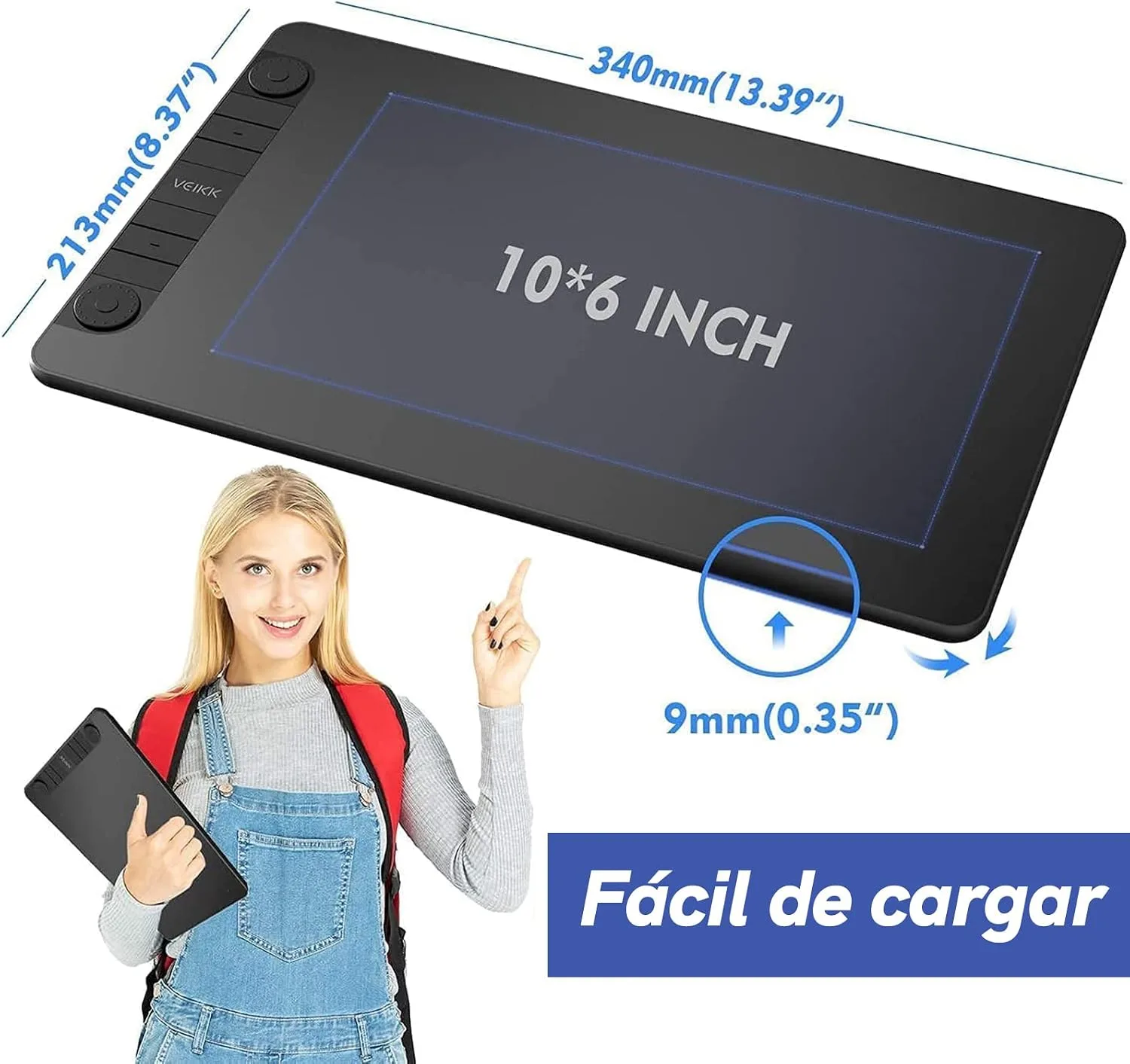 VEIKK VK1060PRO V2 Drawing Tablet, 10 x 6 Inch Graphics Pen Tablet with 8 Shortcut Keys, 8192 Levels Battery Free Supports Tilt Function, Work for Digital Art Drawing, Designing