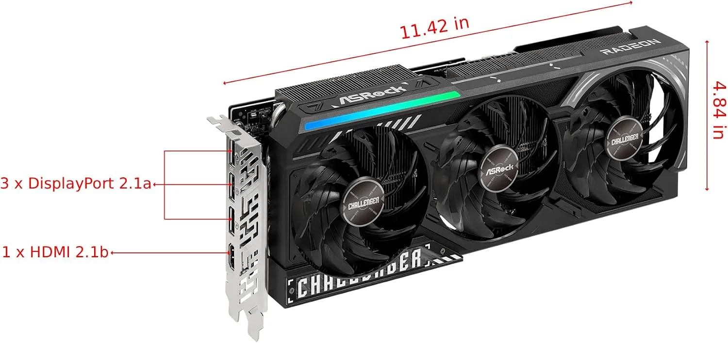 ASRock Radeon RX 9070 XT Challenger 16GB OC Graphics Card - AMD RDNA 4 Architecture, 2970 MHz Boost Clock, GDDR6, PCIe 5.0, DisplayPort 2.1a, HDMI 2.1b, Triple Fan Cooling 800W