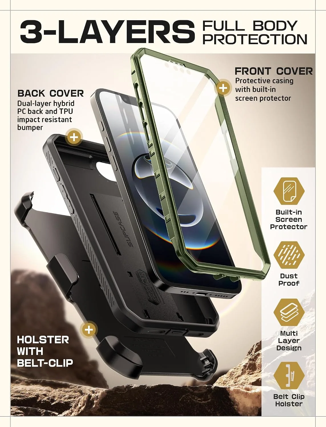 SUPCASE for iPhone 17e/16e Case with Stand & Screen Protector, Green