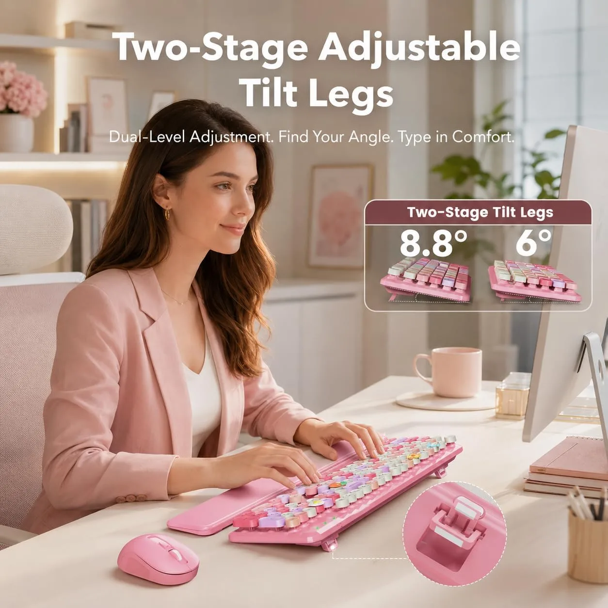 Wireless Keyboard and Mouse Combo, Round Keycaps, Magnetic Wrist Rest, Pink