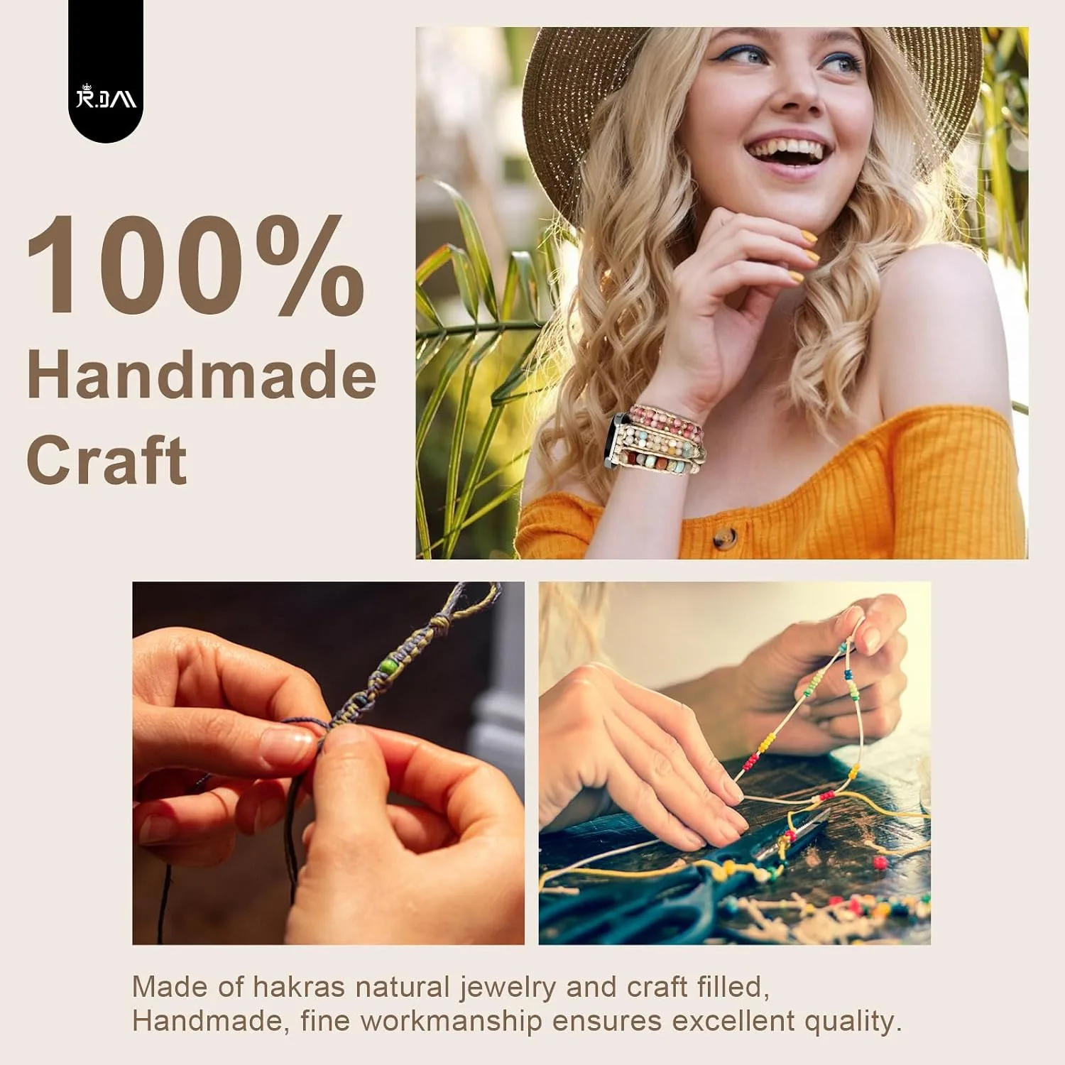JR.DM Boho Beaded Handmade Braided Bracelet Band Women 20mm Compatible with Samsung Galaxy Watch 7/6/5/4/Active 2/4 Classic/6 Classic/5 Pro/FE 40mm 42mm 43mm 44mm 45mm 46mm 47mm