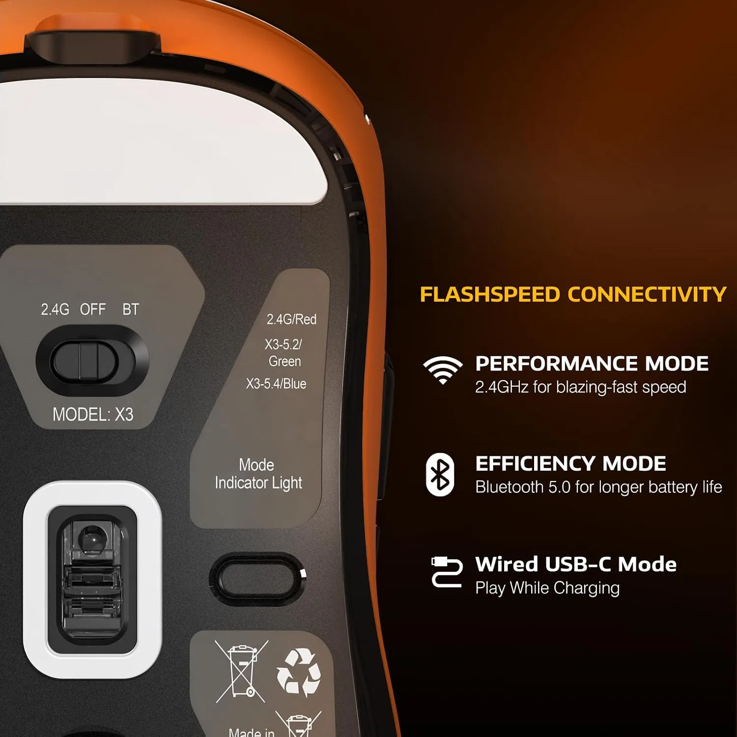ATTACK SHARK X3 Lightweight Wireless Gaming Mouse with Tri-Mode 2.4G/USB-C Wired/Bluetooth,Up to 26K DPI, PAW3395 Optical Sensor,Kailh GM8.0 Switch,5 programmable Buttons for PC/Win/Mac(Orange)