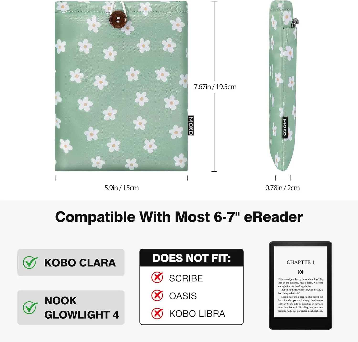 MoKo 6-7 Inch Embroidered Daisy Padded E-Reader Sleeve Zippered Bag with Back Pouch for Most 6/6.8/7 inch E-Reader, 6" Nook Glowligt 4, 6" Kobo Clara BW/Clara Colour, Green Flowers