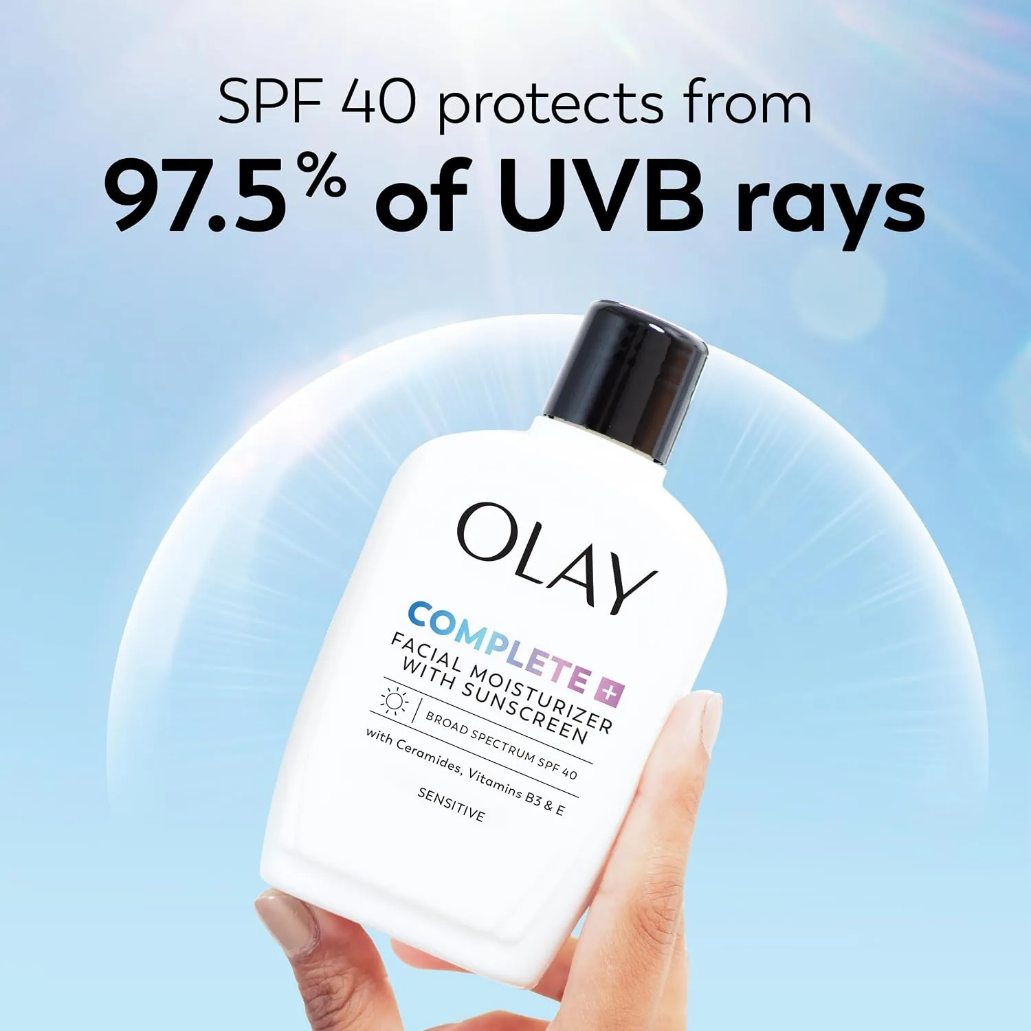 Olay Complete+ Face Moisturizer with Sunscreen SPF 40, For Sensitive Skin, Broad Spectrum Sun Protection, Fragrence-Free - No White Cast on All Tones, Nourishes Moisture Barrier - Ceramides, 6 Oz