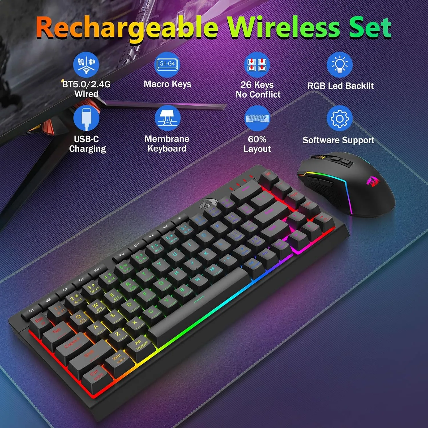 Redragon Wireless Gaming Keyboard and Mouse Combo, 60% Portable, Black
