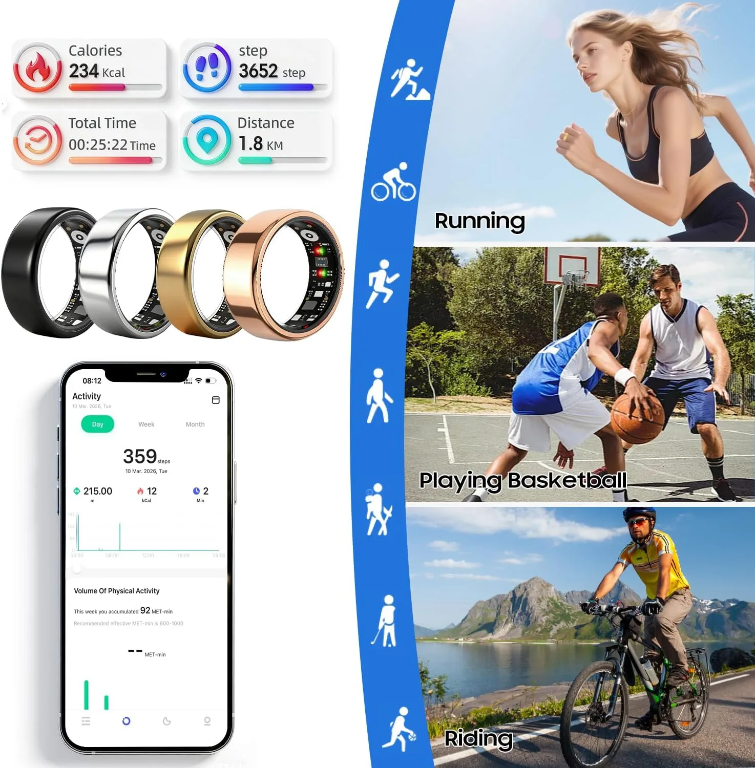 Smart Ring Health Tracker for Women Men, Fitness Ring Gen3 Gold,10