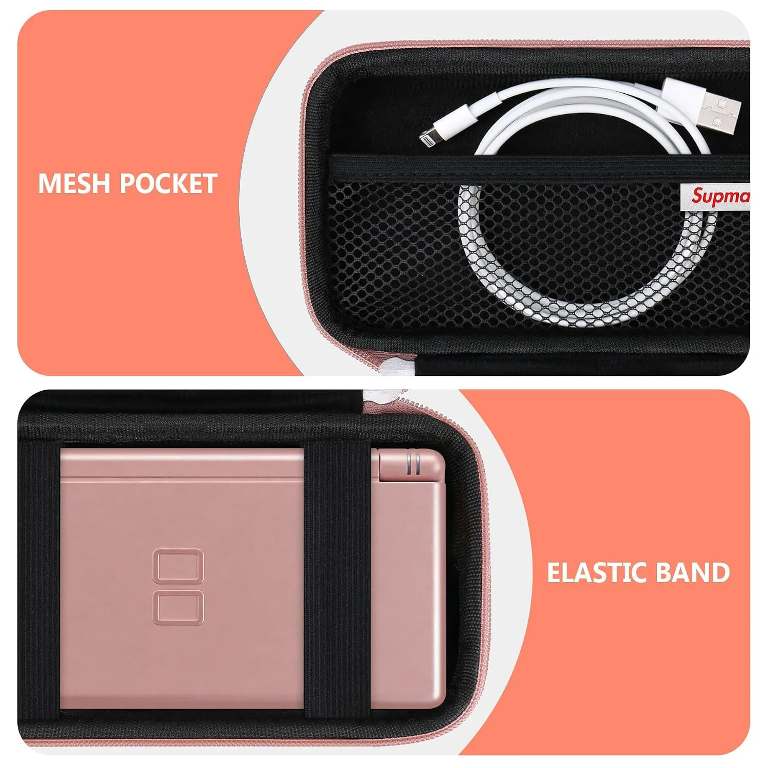 Supmay Hard Carrying Case Compatible with Nintendo DS Lite NDSL, Gameboy Advance Games Storage Holder Travel Bag with Mesh Pocket for USB Charging Cable, Stylus, Earphones, Game Cartridge, Rose Gold
