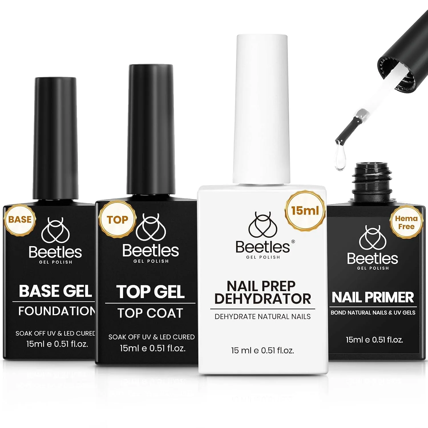 Beetles 4Pcs Gel Top and Base Coat with Nail Dehydrator and Primer Set