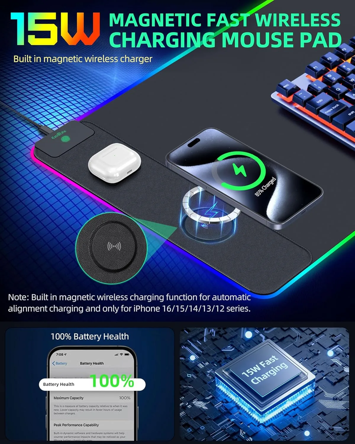 RGB Gaming Mouse Pad with 15 Magnetic Wireless Charging, 31.5"x15.7"