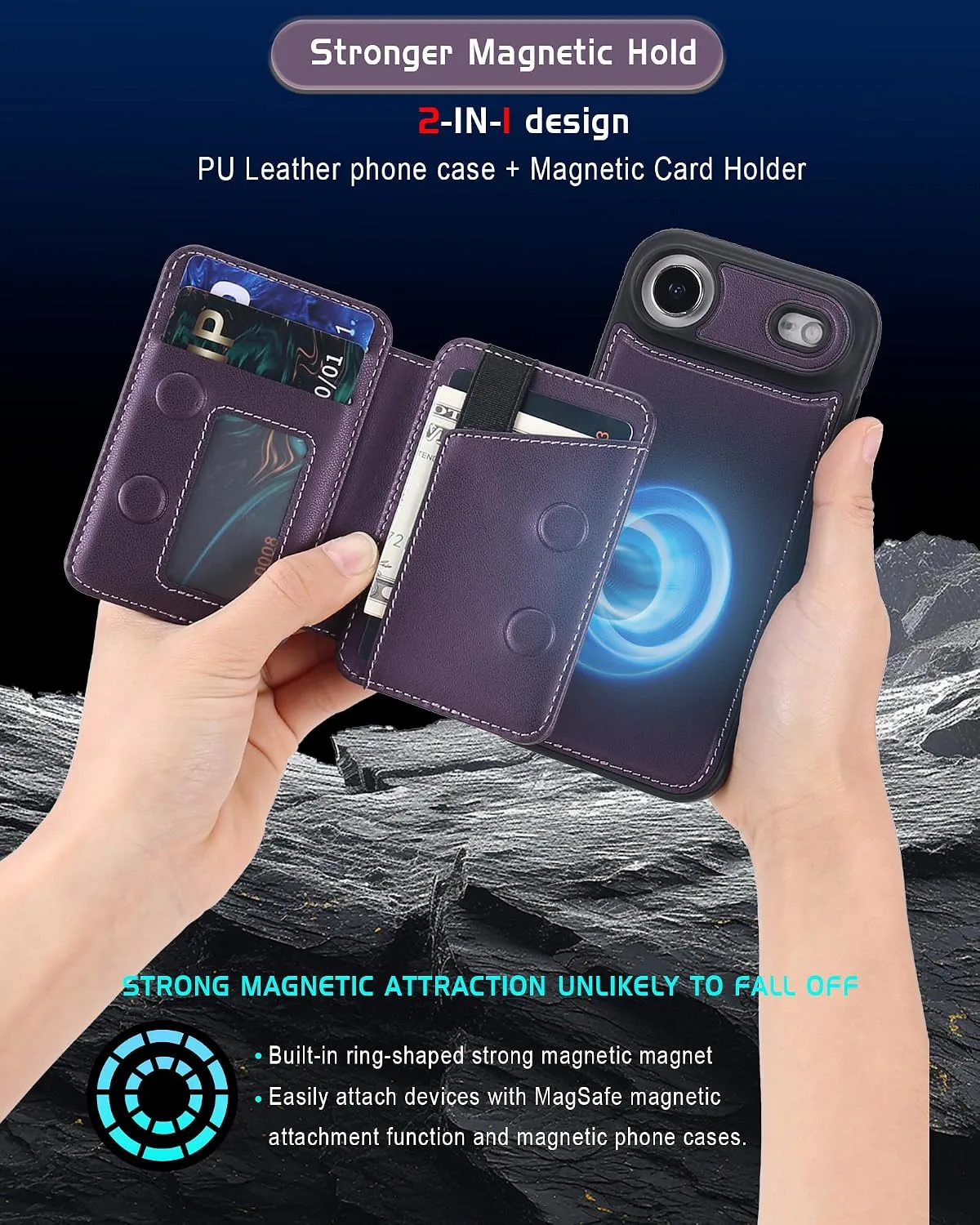 Magnetic Detachable Wallet Case for iPhone 17 Air with Kickstand,2-in-1 MagSafe Compatible RFID Blocking Card Holder,Slim PU Leather Cover Purple