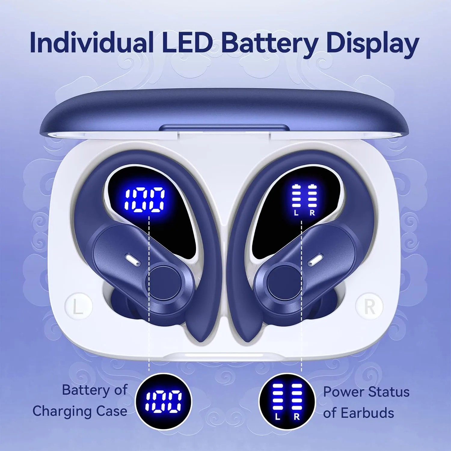 Active Noise Cancelling Ear Buds Wireless Bluetooth Headphones 80H Playtime Display Charging Case 50dB ANC Over Ear Hooks Earbuds with Hi-Res Sound & Clear Calls for Sports Running Gym Workout Blue