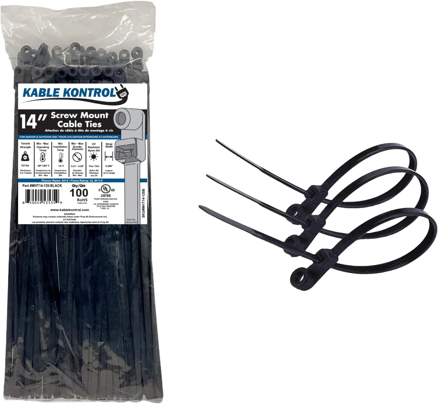 Kable Kontrol Screw Hole Zip Ties 14 Inch 100 Pcs, Black, 120lbs Test