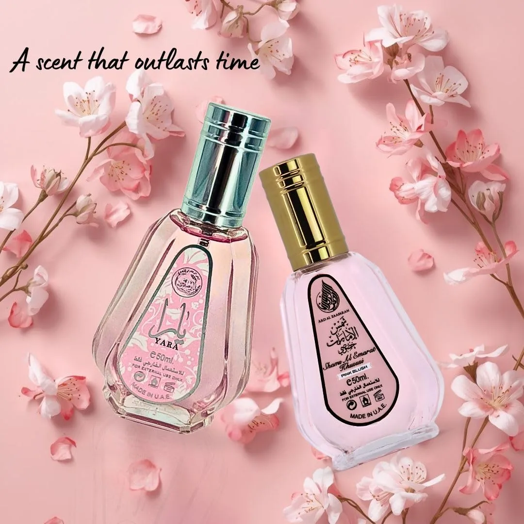 Ard Al Zaafaran Yara & Pink Blush Shams Al Emarat Khususi Eau de Parfum Spray 50ML (1.69 OZ) - Long Lasting Arabian Perfumes for Women - Captivating Ladies Perfumes that Exudes Confidence (Bundle)